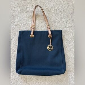 Vintage Michael Kors Dark Blue Fabric Tote with Tan Straps